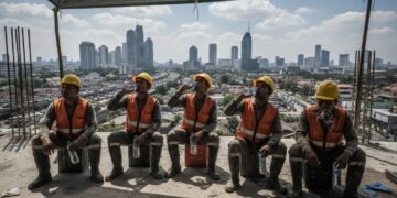 Sekelompok pekerja konstruksi di Jakarta beristirahat di bawah area berbayang pada hari yang terik. Mereka berkeringat deras dan tampak lelah, masih memakai topi aman dan jaket kerja. Matahari bersina