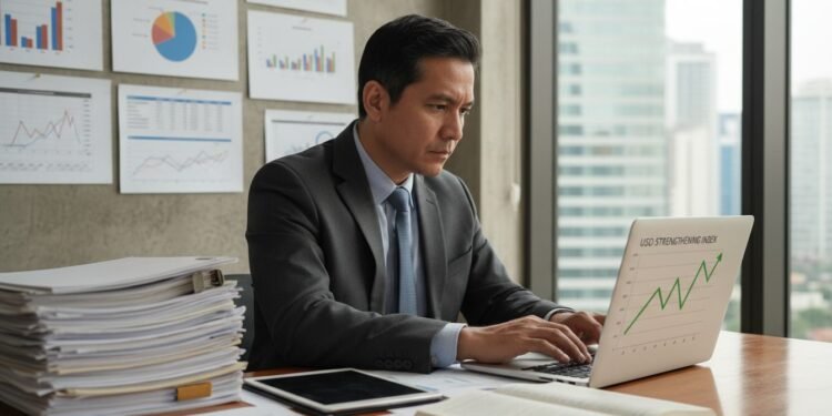 Dollar Menguat, Bagaimana Dampaknya pada Cicilan dan Investasi? H. Gunadi duduk di meja dengan laptop dan berkas keuangan. Dia melihat grafik di layar komputer yang menunjukkan pelemahan dolar. Di belakangnya terdapat beberapa grafik di dinding dan pemandangan kot