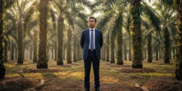 Menteri Keuangan H. Gunadi berdiri di ladang kelapa sawit rakyat, mengenakan seragam formal, menunjukkan profesionalisme dan kekuasaannya. Tangannya di belakang punggung, menunjukkan sikap berpikir st