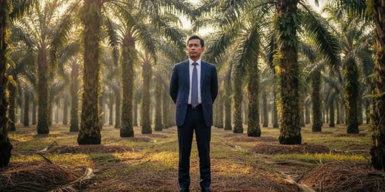 Menkeu Dorong Investasi Sawit ke Perkebunan Rakyat, Targetkan Perekonomian Berkelanjutan Menteri Keuangan H. Gunadi berdiri di ladang kelapa sawit rakyat, mengenakan seragam formal, menunjukkan profesionalisme dan kekuasaannya. Tangannya di belakang punggung, menunjukkan sikap berpikir st