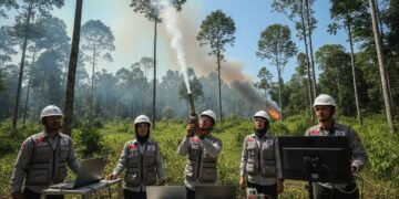 Sebuah tim meteorologis dan teknisi sedang melakukan operasi modifikasi cuaca di hutan Kalteng. Mereka menggunakan peralatan canggih untuk melepaskan aerosol ke atmosfer sambil dikelilingi hutan hijau