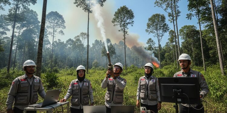 Operasi Modifikasi Cuaca di Kalteng: Strategi Cepat Atasi Kebakaran Hutan Sebuah tim meteorologis dan teknisi sedang melakukan operasi modifikasi cuaca di hutan Kalteng. Mereka menggunakan peralatan canggih untuk melepaskan aerosol ke atmosfer sambil dikelilingi hutan hijau
