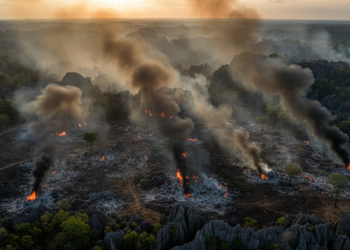 An aerial view of the extensive forest and land fires in the karst area of Taman Nasional Bantimurung-Bulusaraung, with smoke and flames visible, and the unique rock formations in the background, highlighting the severity of the Karhutla situation in Pangkep, Sulawesi Selatan.