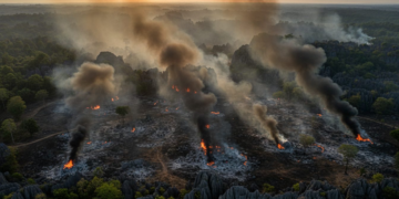 An aerial view of the extensive forest and land fires in the karst area of Taman Nasional Bantimurung-Bulusaraung, with smoke and flames visible, and the unique rock formations in the background, highlighting the severity of the Karhutla situation in Pangkep, Sulawesi Selatan.