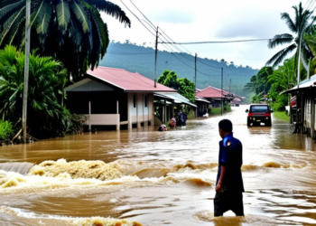 Banjir bandang di Koto Tangah, Padang, dengan debit air sungai yang meningkat drastis, rumah-rumah warga terendam air, dan warga berusaha memindahkan barang-barang penting ke tempat yang lebih tinggi, di bawah hujan deras yang terus turun.