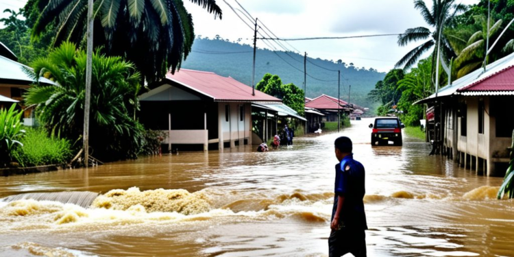 Banjir Bandang Koto Tangah Padang: 498 Jiwa Terdampak, Tak Ada Korban Jiwa Banjir bandang di Koto Tangah, Padang, dengan debit air sungai yang meningkat drastis, rumah-rumah warga terendam air, dan warga berusaha memindahkan barang-barang penting ke tempat yang lebih tinggi, di bawah hujan deras yang terus turun.