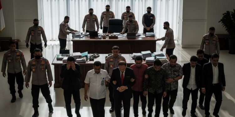 Sebuah operasi penangkapan yang dilakukan oleh KPK di gedung pemerintahan. Para petugas KPK berada di belakang meja besar dengan serius, sementara 20 orang, termasuk Hamenang Wajar Ismoyo, ditarik per