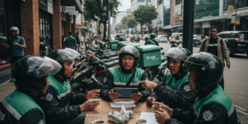 A group of ride-sharing drivers discussing new regulations, with various vehicles parked in the background, emphasizing the impact of the Perpres Nomor 27 Tahun 2026 on the transport industry.