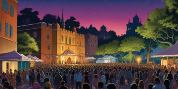 A lively rock music festival at Fort Rotterdam in Makassar, featuring a colorful stage setup, musicians performing, and a large audience enjoying the music under the night sky, with historical fort walls in the background, symbolizing the fusion of modern culture and historical heritage.