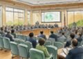 Update Gempa Myanmar 2025: Korban Tewas Tembus 1.002, Thailand dan Tiongkok Ikut Berduka Sebuah kelompok beragam ahli, pejabat kebijakan, dan pemimpin masyarakat sedang berkumpul di ruang konferensi modern, mendengarkan pidato seseorang di podium. Ruangan terang dengan cahaya alami yang m