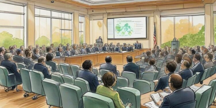 Sebuah kelompok beragam ahli, pejabat kebijakan, dan pemimpin masyarakat sedang berkumpul di ruang konferensi modern, mendengarkan pidato seseorang di podium. Ruangan terang dengan cahaya alami yang m