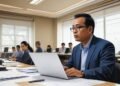 Budi S., mewakili Kabapas Makassar, sedang berpartisipasi dalam sesi workshop di acara Penguatan Kakanwil Ditjenpas Sulsel. Dia duduk di meja konferensi dengan para peserta lainnya, fokus pada layar b