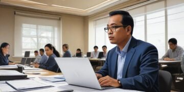Budi S., mewakili Kabapas Makassar, sedang berpartisipasi dalam sesi workshop di acara Penguatan Kakanwil Ditjenpas Sulsel. Dia duduk di meja konferensi dengan para peserta lainnya, fokus pada layar b