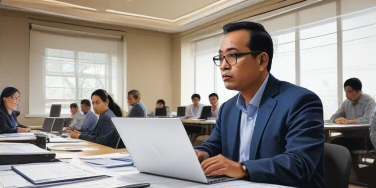 Kabapas Makassar Hadiri Penguatan Kakanwil Ditjenpas Sulsel untuk Efisiensi Kinerja Budi S., mewakili Kabapas Makassar, sedang berpartisipasi dalam sesi workshop di acara Penguatan Kakanwil Ditjenpas Sulsel. Dia duduk di meja konferensi dengan para peserta lainnya, fokus pada layar b
