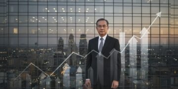 H. Gunadi, seorang pemimpin bisnis berwajah serius dan fokus, berdiri di depan gedung kantor modern yang memiliki latar belakang pemandangan kota. Dia berpakaian rapi dengan kemeja dan kancing, mengek