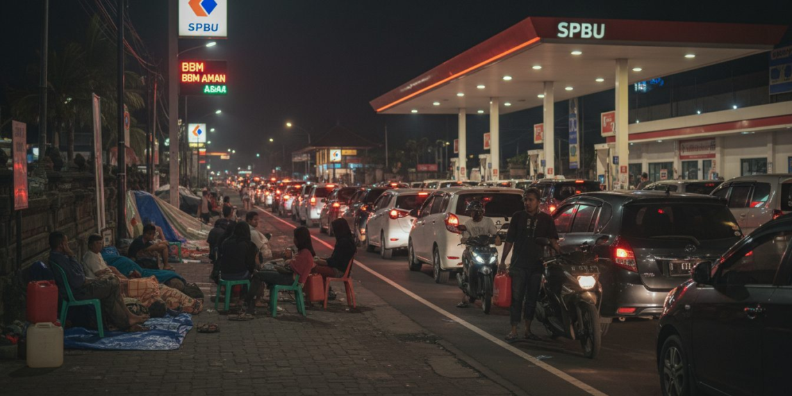 Antrean panjang kendaraan di SPBU di Bali dengan warga bermalam di trotoar, lampu malam menyinari antrian yang mengular, menunjukkan kelangkaan BBM meskipun stok klaim aman