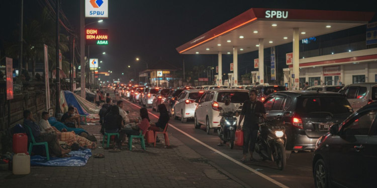 Kelangkaan BBM Berulang: Antrean Mengular, Warga Bermalam di SPBU, Stok Nasional Diklaim Aman Antrean panjang kendaraan di SPBU di Bali dengan warga bermalam di trotoar, lampu malam menyinari antrian yang mengular, menunjukkan kelangkaan BBM meskipun stok klaim aman