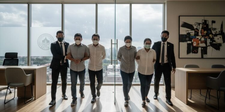 KPK Tangkap 5 Tersangka OTT BNPB, Termasuk Adik Kepala BNPB dalam Kasus Korupsi Lima orang, termasuk adik kepala BNPB, ditangkap oleh agen KPK di ruang kerja BNPB. Atmosfer tegang dengan perasaan kecepatan. Agen-agen berpakaian formal membawa para tersangka, yang berpakaian santa