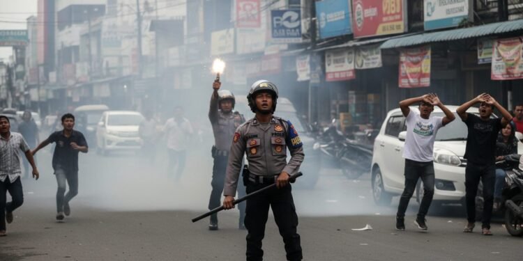 Mencekam Aksi Tawuran di Makassar, Polisi Lepas Tembakan Peringatan | Wartakita.id Sebuah jalan di Makassar yang ramai dengan orang-orang berlari dalam kepanikan. Asap dan debu naik dari tanah. Seorang petugas kepolisian, memakai helm dan memegang palu, berdiri di depan. Di belakang