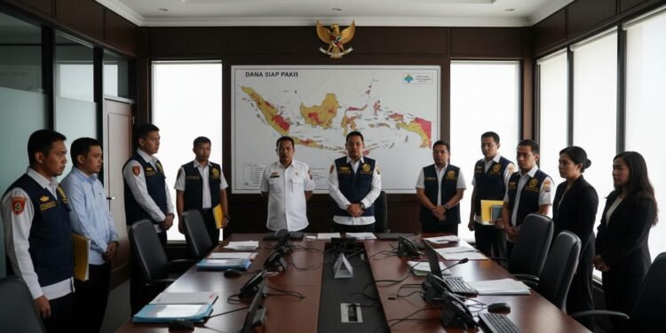 KPK Tangkap 14 Orang di BNPB, Dugaan Korupsi Dana Siap Pakai untuk Bencana 14 orang terduga korupsi dana siap pakai untuk bencana di BNPB ditempatkan di ruang konferensi, dihiasi dengan peta negara yang menunjukkan area rawan bencana, sementara petugas KPK melakukan operasi.