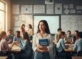 Patologi Birokrasi: Mengapa Pena di Ngada Lebih Sulit Didapat Daripada KIP-K di Jakarta? RR. Nur, a young woman, stands in a modern classroom with a book titled 'Critical Literacy.' She is surrounded by students engaged in a discussion, and the walls are decorated with charts and diagrams