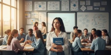 RR. Nur, a young woman, stands in a modern classroom with a book titled 'Critical Literacy.' She is surrounded by students engaged in a discussion, and the walls are decorated with charts and diagrams
