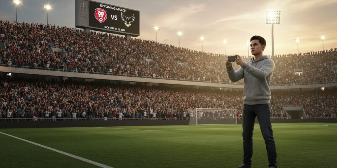 Sebuah stadion yang penuh dengan penggemar sepak bola yang antusias, energi penonton terasa nyata saat mereka berteriak mendukung tim mereka. Matahari terbenam memberikan cahaya kuning yang hangat, me