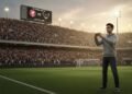 Sebuah stadion yang penuh dengan penggemar sepak bola yang antusias, energi penonton terasa nyata saat mereka berteriak mendukung tim mereka. Matahari terbenam memberikan cahaya kuning yang hangat, me