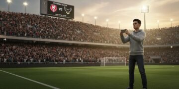 Sebuah stadion yang penuh dengan penggemar sepak bola yang antusias, energi penonton terasa nyata saat mereka berteriak mendukung tim mereka. Matahari terbenam memberikan cahaya kuning yang hangat, me