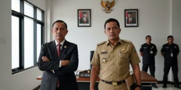 Bupati Klaten, MA. Untung, berdiri di ruang kerja formal dengan latar belakang kehadiran personel keamanan. Ruangan hanya didekorasi dengan beberapa foto resmi di dinding. Keduanya berdiri dengan posi
