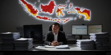 MA. Untung, adik dari eks kepala BNPB, berdiri di ruang kerja yang suram, di sekitarnya ada pilek dokumen dan layar komputer menampilkan data keuangan. Dia berbahu miring, ekspresinya serius dan fokus