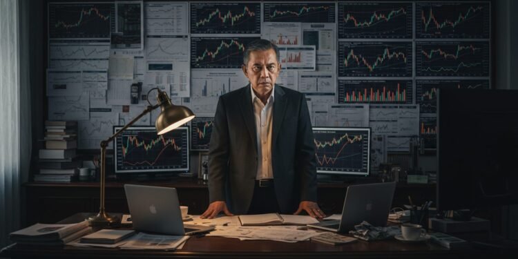 Investasi Saham: Ketidakpastian Pasar dan Ancaman Finansial H. Gunadi, seorang pria berwajah fokus, berdiri di sebuah ruangan yang minim cahaya. Dindingnya dipenuhi dengan grafik dan diagram keuangan. Cahaya dari satu lampu meja memancarkan cahaya hangat yang