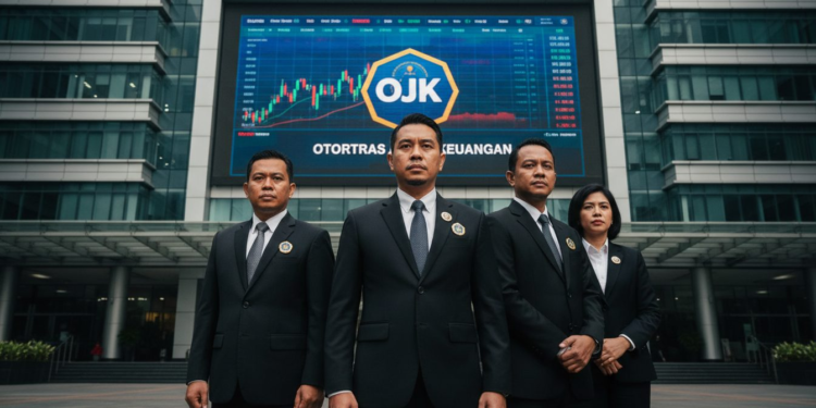 OJK officials in a modern office setting, discussing serious financial matters, with a large screen displaying financial data in the background.