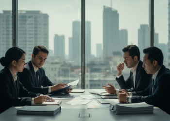 OJK officers questioning underwriters and securities company executives in a professional office setting, with dramatic lighting and a sharp focus, reflecting the serious nature of the financial investigation.
