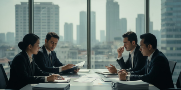OJK officers questioning underwriters and securities company executives in a professional office setting, with dramatic lighting and a sharp focus, reflecting the serious nature of the financial investigation.