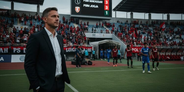Van Gastel: PSIM Kurang Beruntung Setelah Kalah dari PSM Makassar Van Gastel, yang tampak berpikir, berdiri di sisi lapangan stadion, memperhatikan hasil pertandingan. Latar belakang menunjukkan papan skor dengan skor PSIM di posisi lebih rendah dibandingkan PSM Mak