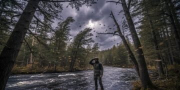 RR. Nur berdiri di tengah hutan dengan pohon-pohon rindang dan langit yang dipenuhi awan hitam. Angin kencang berhembus, menyebabkan daun-daun bergerak dan ranting-ranting bergetar. Di latar belakang,