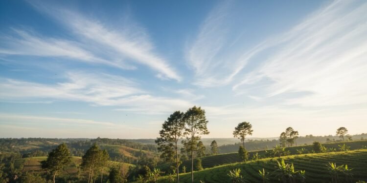 Prakiraan Cuaca Jabar 17 Oktober 2026 Seandscape with a clear sky partially covered by light clouds, sun casting a warm light, trees swaying gently, and rolling green hills in the distance, symbolizing a predominantly clear and slightly c