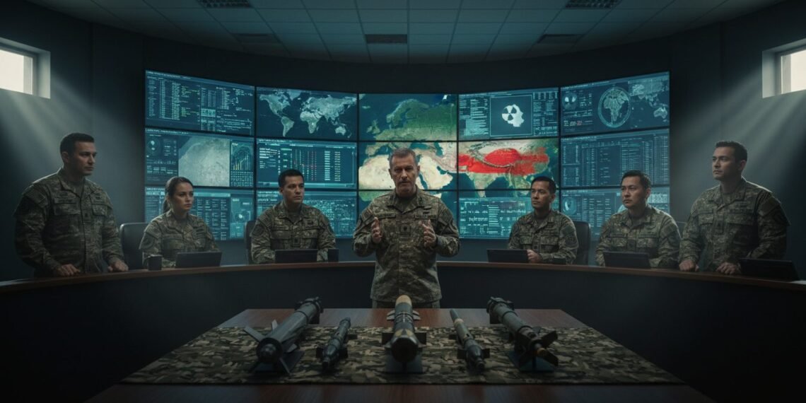 Sebuah basis militer AS dengan tim analis dan perencana yang berdiri di depan layar besar yang menampilkan data intelijen. Di latar belakang, model senjata nuklir taktis diletakkan di atas meja, menan