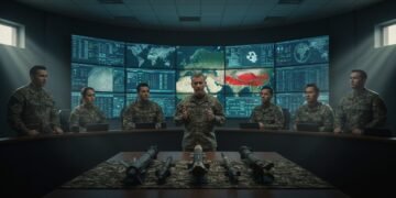 Sebuah basis militer AS dengan tim analis dan perencana yang berdiri di depan layar besar yang menampilkan data intelijen. Di latar belakang, model senjata nuklir taktis diletakkan di atas meja, menan