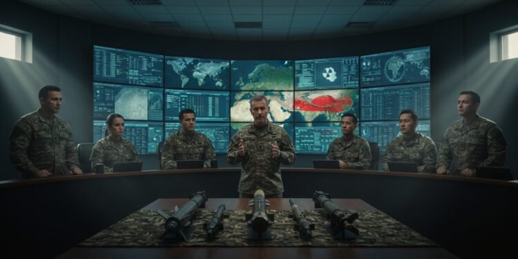 Sebuah basis militer AS dengan tim analis dan perencana yang berdiri di depan layar besar yang menampilkan data intelijen. Di latar belakang, model senjata nuklir taktis diletakkan di atas meja, menan