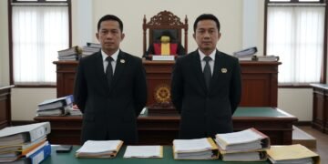 Sebuah adegan ruang sidang yang serius dengan dua individu berpakaian formal berdiri di tengah. MA. Untung, Bupati Klaten, dan Kepala BPK Jateng ditampilkan dengan ekspresi serius, tangan mereka salin