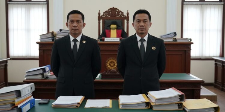 Sebuah adegan ruang sidang yang serius dengan dua individu berpakaian formal berdiri di tengah. MA. Untung, Bupati Klaten, dan Kepala BPK Jateng ditampilkan dengan ekspresi serius, tangan mereka salin