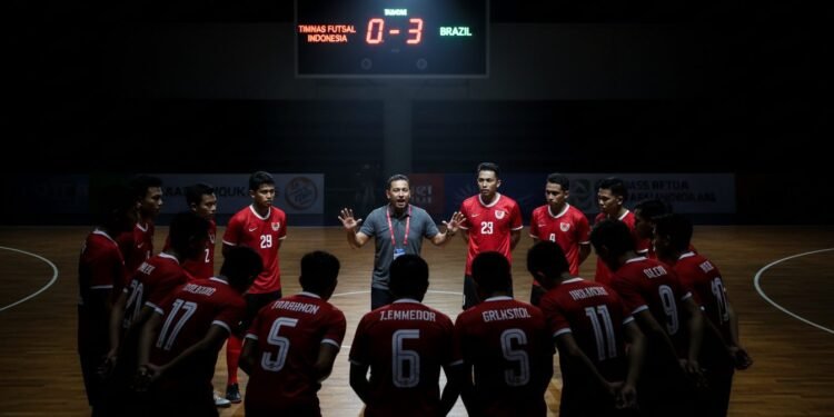 Suasana intens di lapangan futsal dengan skor 0-3 terpampang di papan skor. Timnas Futsal Indonesia berada dalam huddle, wajah mereka menunjukkan campuran antara keberanian dan kekhawatiran. Pelatih B