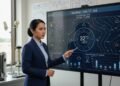 RR. Nur, a meteorologist, is shown in front of a large digital weather screen displaying accurate predictions for Surabaya, East Java on October 17, 2026. The screen shows detailed weather patterns an