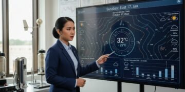 RR. Nur, a meteorologist, is shown in front of a large digital weather screen displaying accurate predictions for Surabaya, East Java on October 17, 2026. The screen shows detailed weather patterns an