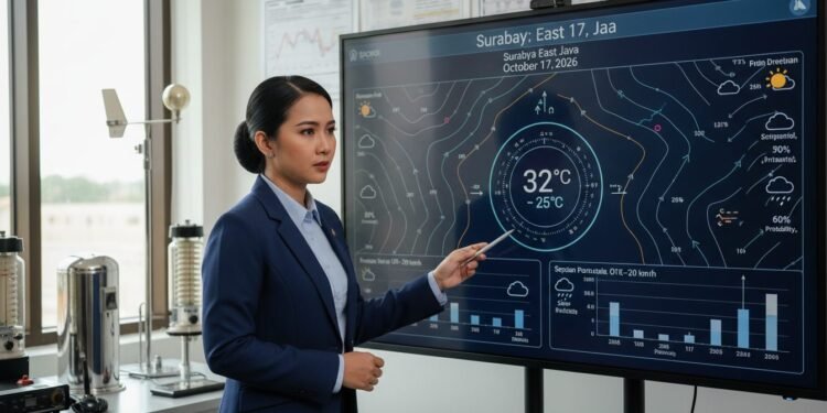 Prakiraan Cuaca Jatim Hari Ini: BMKG Rilis Prediksi Akurat untuk 17 Oktober 2026 RR. Nur, a meteorologist, is shown in front of a large digital weather screen displaying accurate predictions for Surabaya, East Java on October 17, 2026. The screen shows detailed weather patterns an