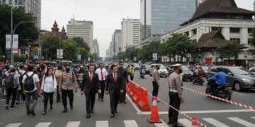 H. Gunadi, the Secretary-General of the United Nations, is seen walking through a busy Jakarta street as several lanes are temporarily closed. The scene shows a mix of modern and traditional architect