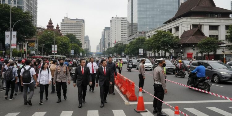 Sekjen PBB Kunjungan ke Indonesia, Beberapa Jalan di Jakarta Ditutup Sementara H. Gunadi, the Secretary-General of the United Nations, is seen walking through a busy Jakarta street as several lanes are temporarily closed. The scene shows a mix of modern and traditional architect