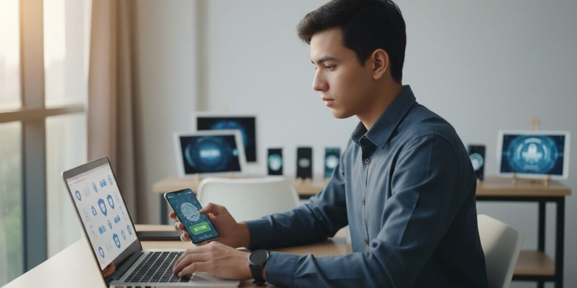 M. Ridham, seorang individu yang cakap dalam teknologi, duduk di meja modern dengan laptop terbuka di depannya. Layar laptop menampilkan situs web dengan simbol keamanan dan ikon kunci. Dia mengetik d